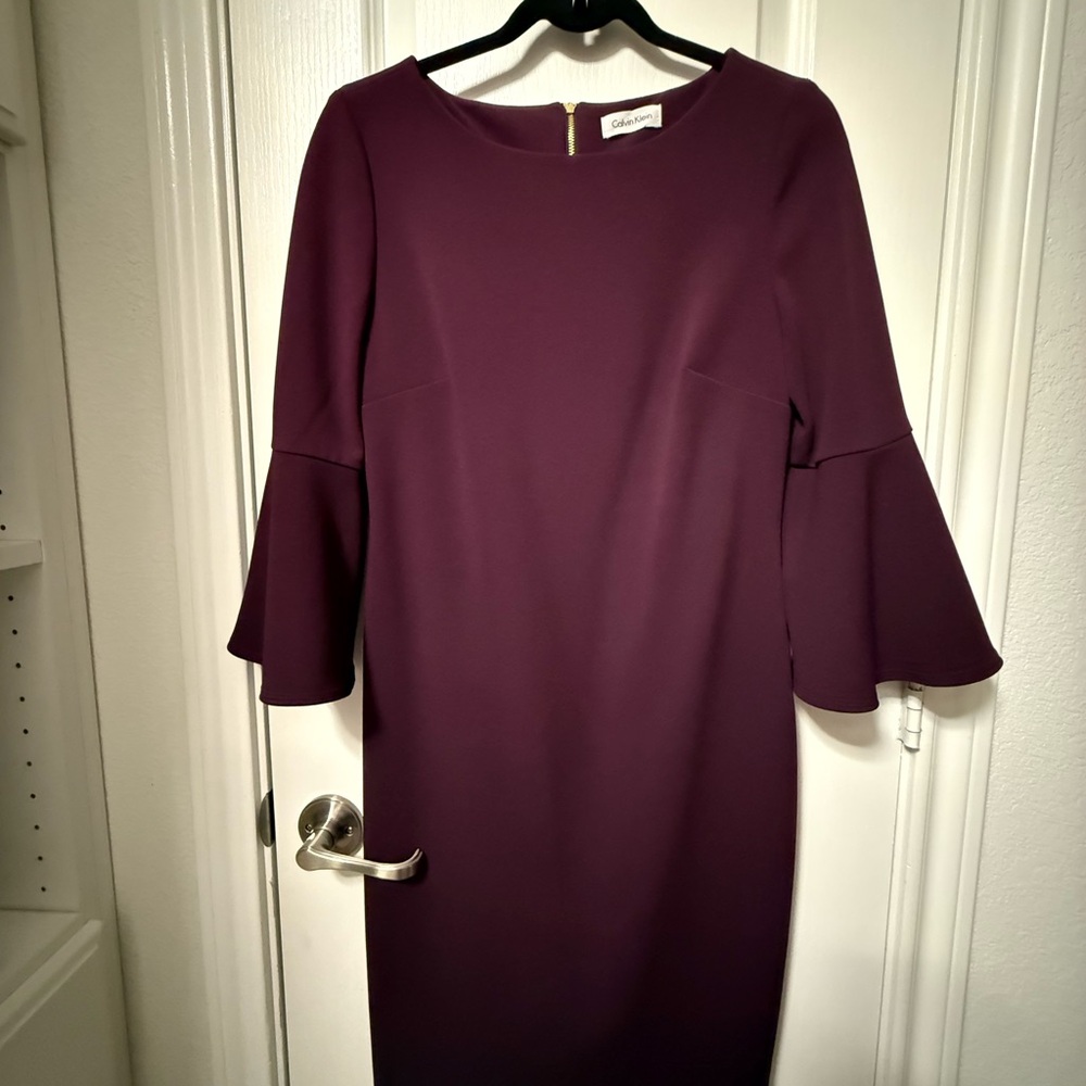 Calvin Klein Plum/Purple Sheath Dress with Bell Sleeves